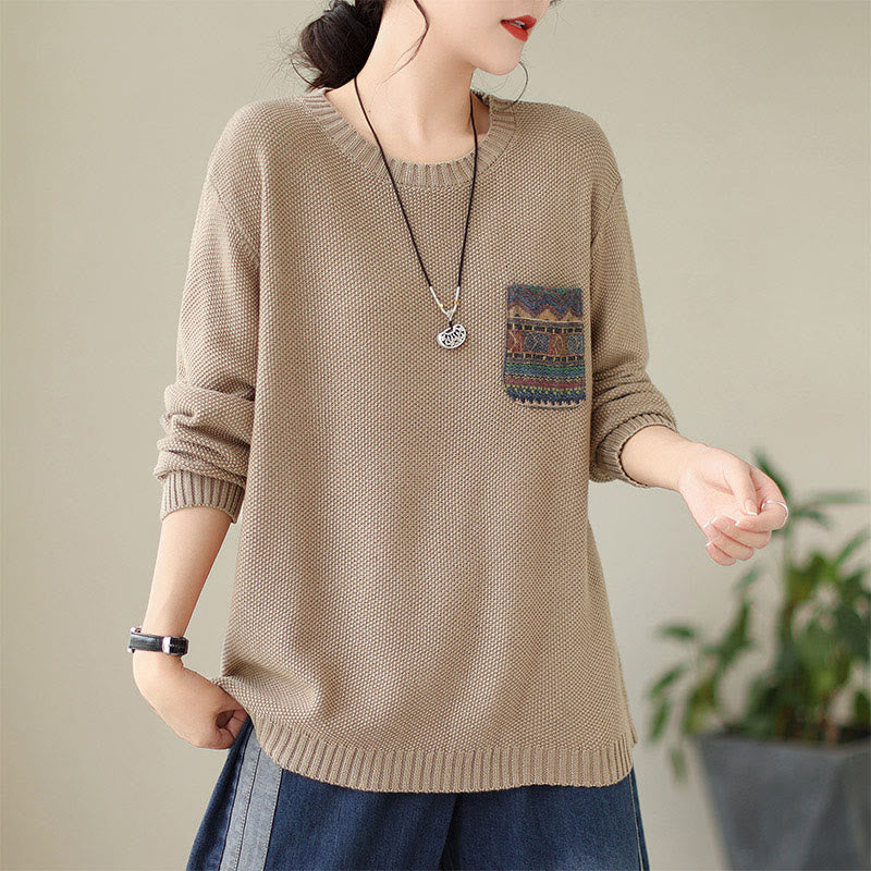 Nimara Ritual Fall Floral Decorative Pocket Pattern Knitted Cotton Women's Long Sleeve Sweater