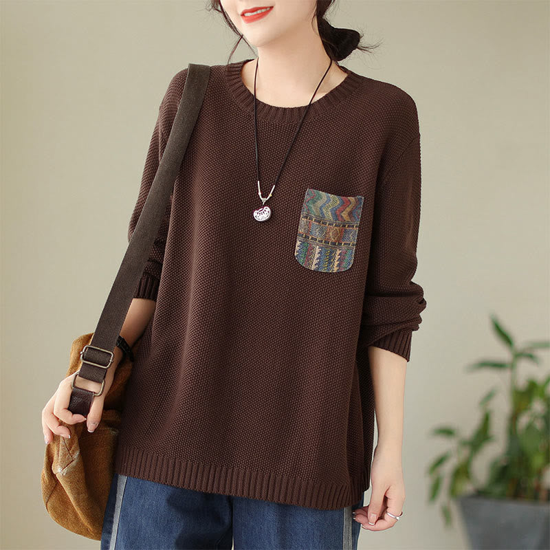 Nimara Ritual Fall Floral Decorative Pocket Pattern Knitted Cotton Women's Long Sleeve Sweater