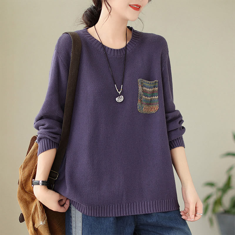 Nimara Ritual Fall Floral Decorative Pocket Pattern Knitted Cotton Women's Long Sleeve Sweater