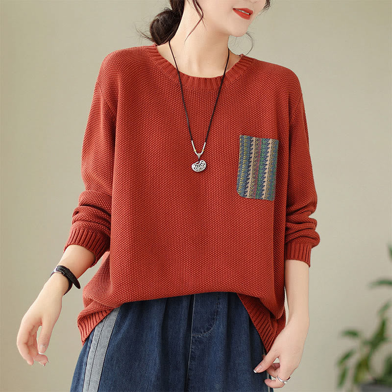 Nimara Ritual Fall Floral Decorative Pocket Pattern Knitted Cotton Women's Long Sleeve Sweater