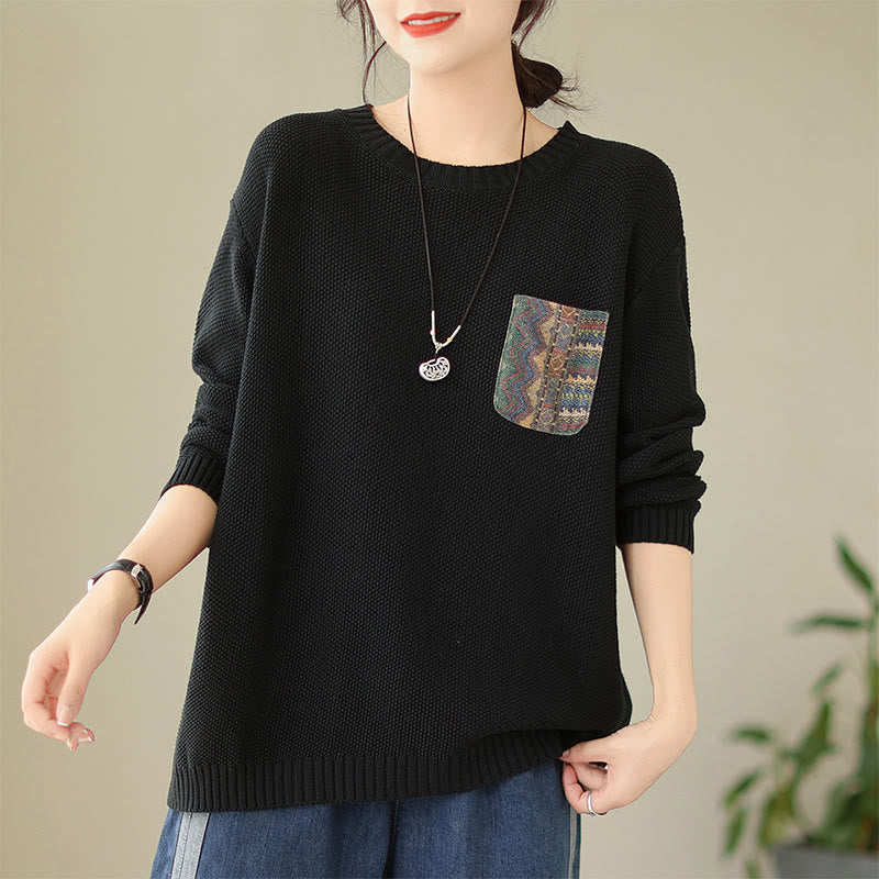 Nimara Ritual Fall Floral Decorative Pocket Pattern Knitted Cotton Women's Long Sleeve Sweater