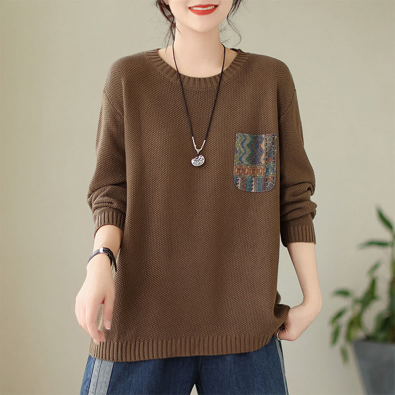 Nimara Ritual Fall Floral Decorative Pocket Pattern Knitted Cotton Women's Long Sleeve Sweater