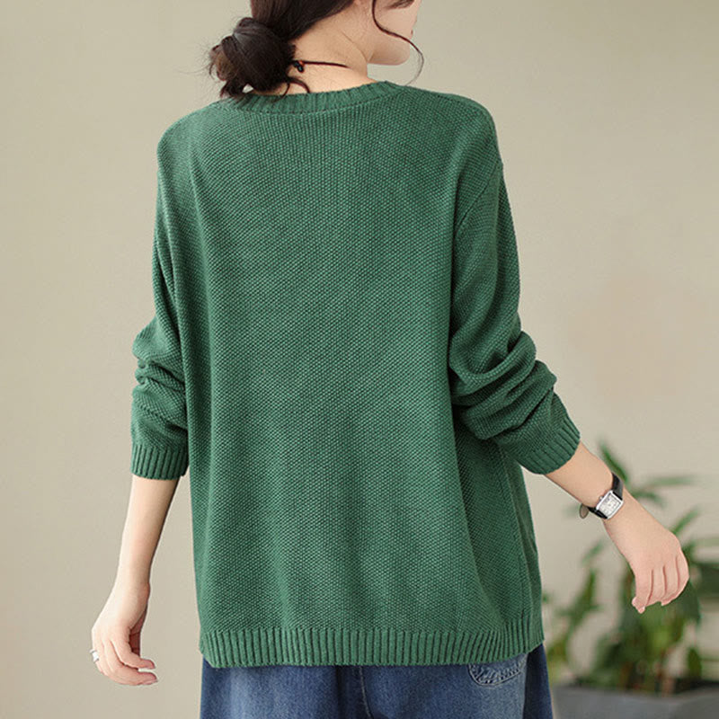 Nimara Ritual Fall Floral Decorative Pocket Pattern Knitted Cotton Women's Long Sleeve Sweater