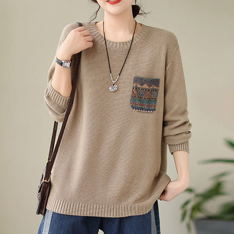 Nimara Ritual Fall Floral Decorative Pocket Pattern Knitted Cotton Women's Long Sleeve Sweater