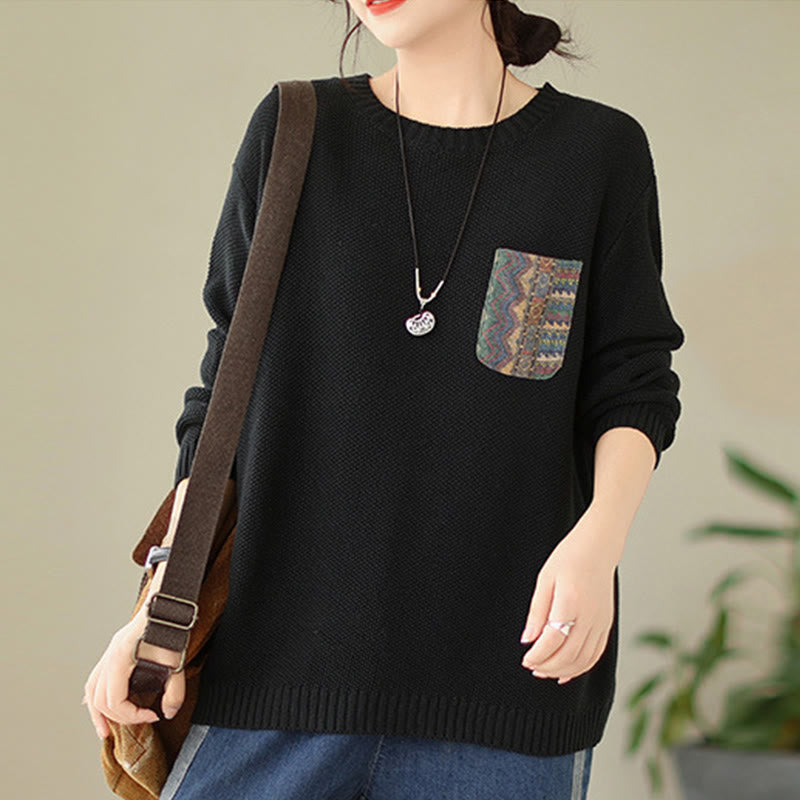Nimara Ritual Fall Floral Decorative Pocket Pattern Knitted Cotton Women's Long Sleeve Sweater