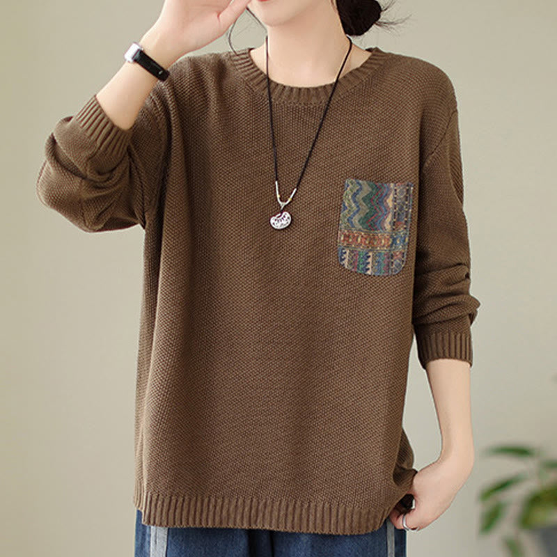 Nimara Ritual Fall Floral Decorative Pocket Pattern Knitted Cotton Women's Long Sleeve Sweater