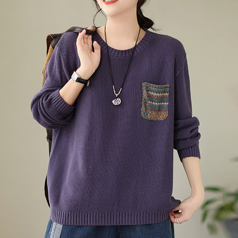 Nimara Ritual Fall Floral Decorative Pocket Pattern Knitted Cotton Women's Long Sleeve Sweater
