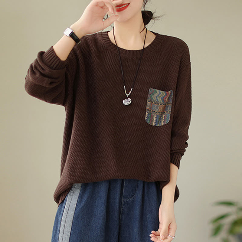 Nimara Ritual Fall Floral Decorative Pocket Pattern Knitted Cotton Women's Long Sleeve Sweater