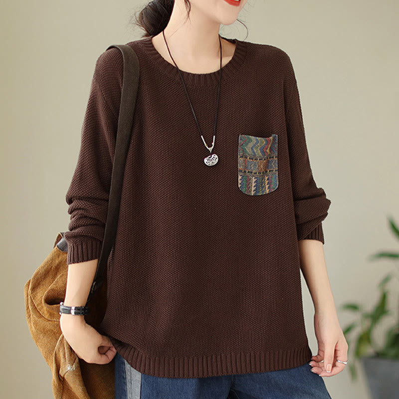 Nimara Ritual Fall Floral Decorative Pocket Pattern Knitted Cotton Women's Long Sleeve Sweater