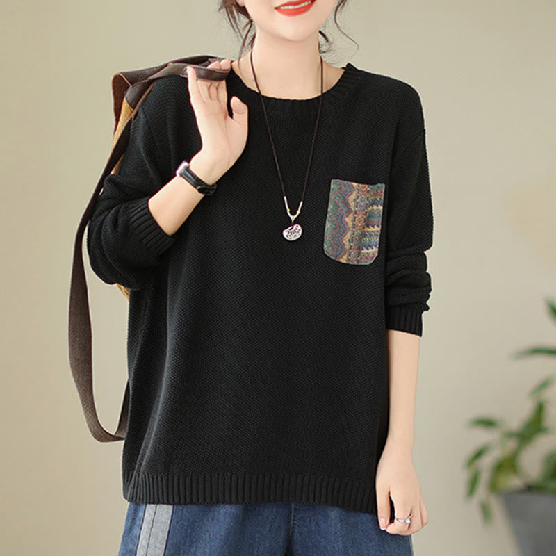 Nimara Ritual Fall Floral Decorative Pocket Pattern Knitted Cotton Women's Long Sleeve Sweater