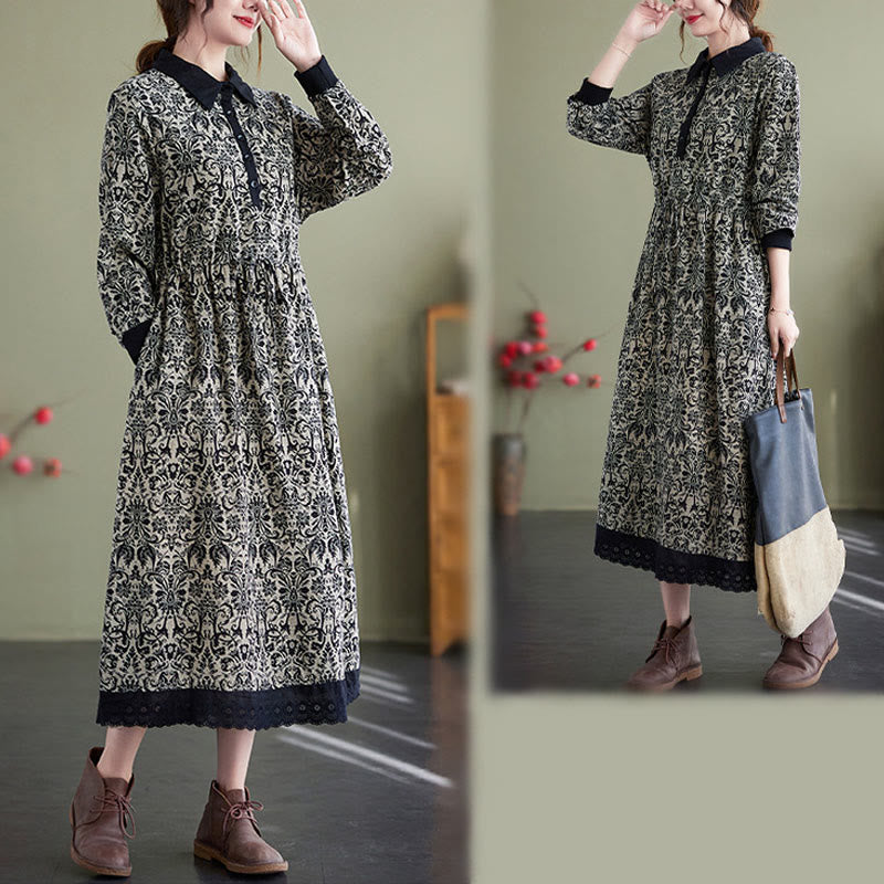 Nimara Ritual Ethnic Printed Drawstring Long Sleeve Cotton Midi Dress With Pockets