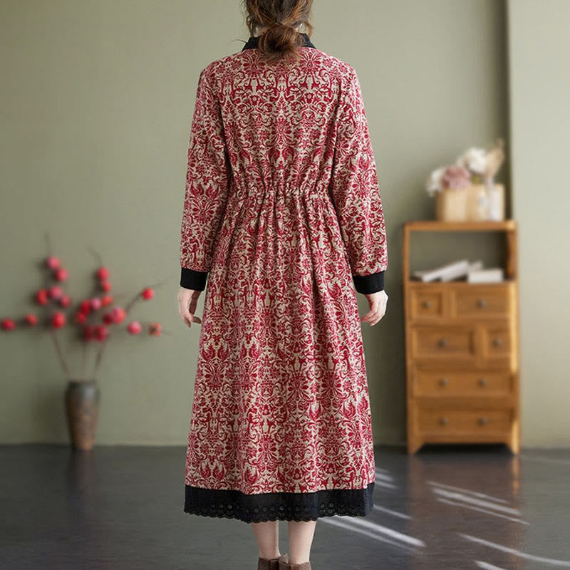 Nimara Ritual Ethnic Printed Drawstring Long Sleeve Cotton Midi Dress With Pockets