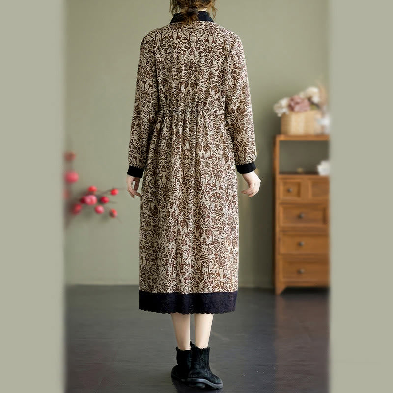 Nimara Ritual Ethnic Printed Drawstring Long Sleeve Cotton Midi Dress With Pockets