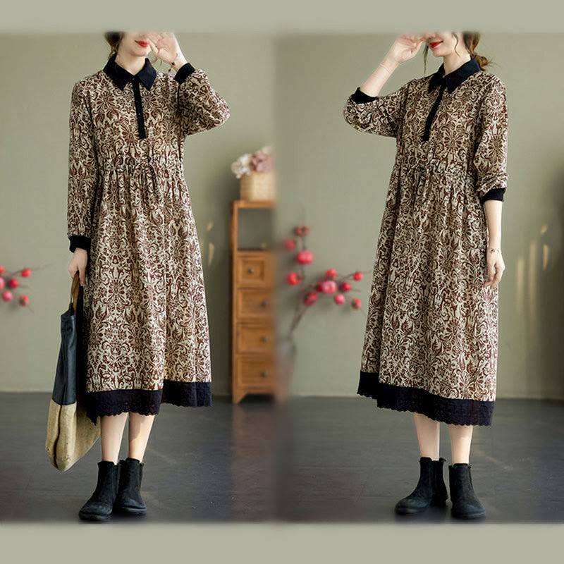Nimara Ritual Ethnic Printed Drawstring Long Sleeve Cotton Midi Dress With Pockets