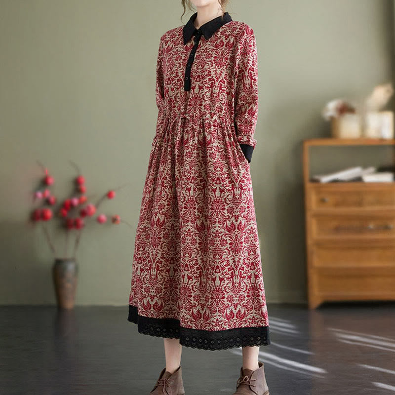 Nimara Ritual Ethnic Printed Drawstring Long Sleeve Cotton Midi Dress With Pockets