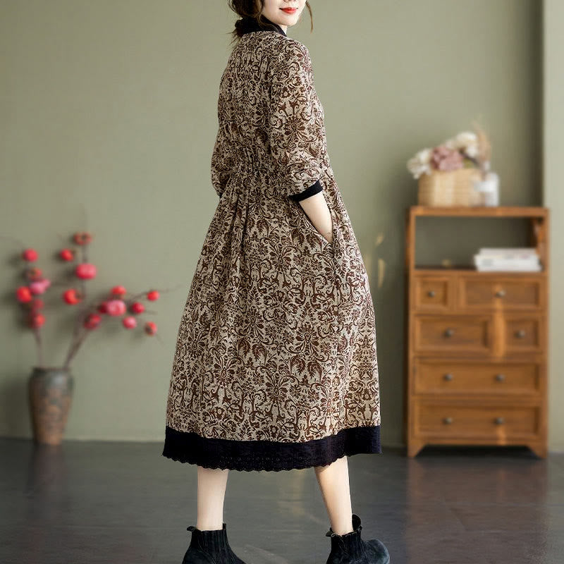 Nimara Ritual Ethnic Printed Drawstring Long Sleeve Cotton Midi Dress With Pockets