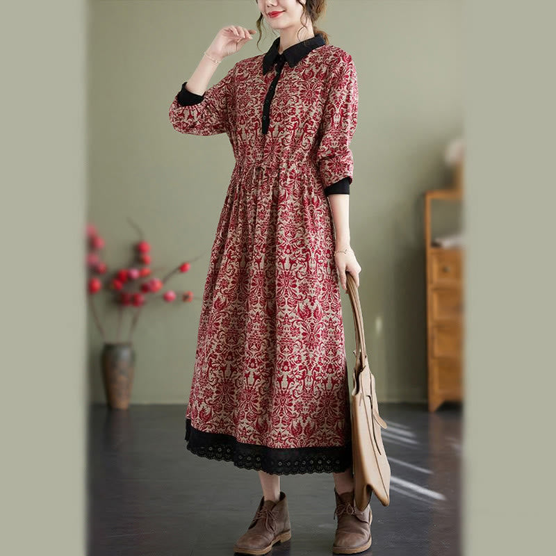 Nimara Ritual Ethnic Printed Drawstring Long Sleeve Cotton Midi Dress With Pockets