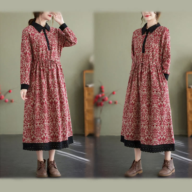 Nimara Ritual Ethnic Printed Drawstring Long Sleeve Cotton Midi Dress With Pockets