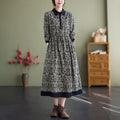 Nimara Ritual Ethnic Printed Drawstring Long Sleeve Cotton Midi Dress With Pockets