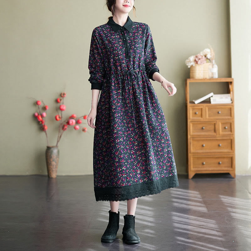 Nimara Ritual Ethnic Printed Drawstring Long Sleeve Cotton Midi Dress With Pockets
