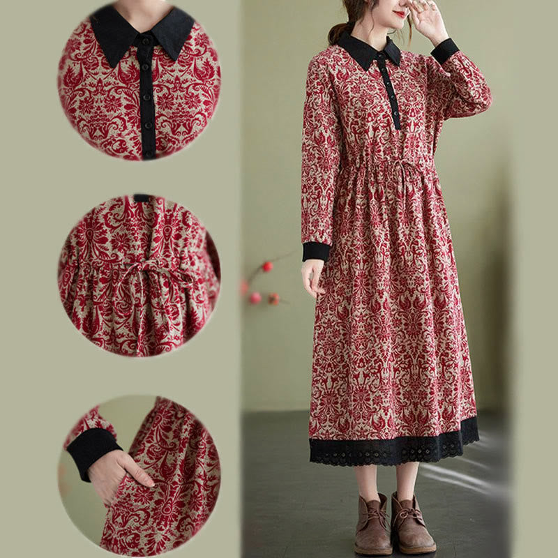 Nimara Ritual Ethnic Printed Drawstring Long Sleeve Cotton Midi Dress With Pockets