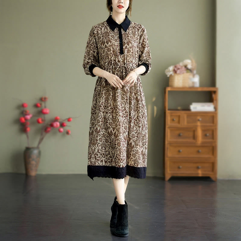 Nimara Ritual Ethnic Printed Drawstring Long Sleeve Cotton Midi Dress With Pockets