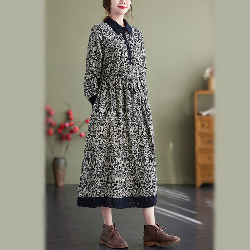 Nimara Ritual Ethnic Printed Drawstring Long Sleeve Cotton Midi Dress With Pockets