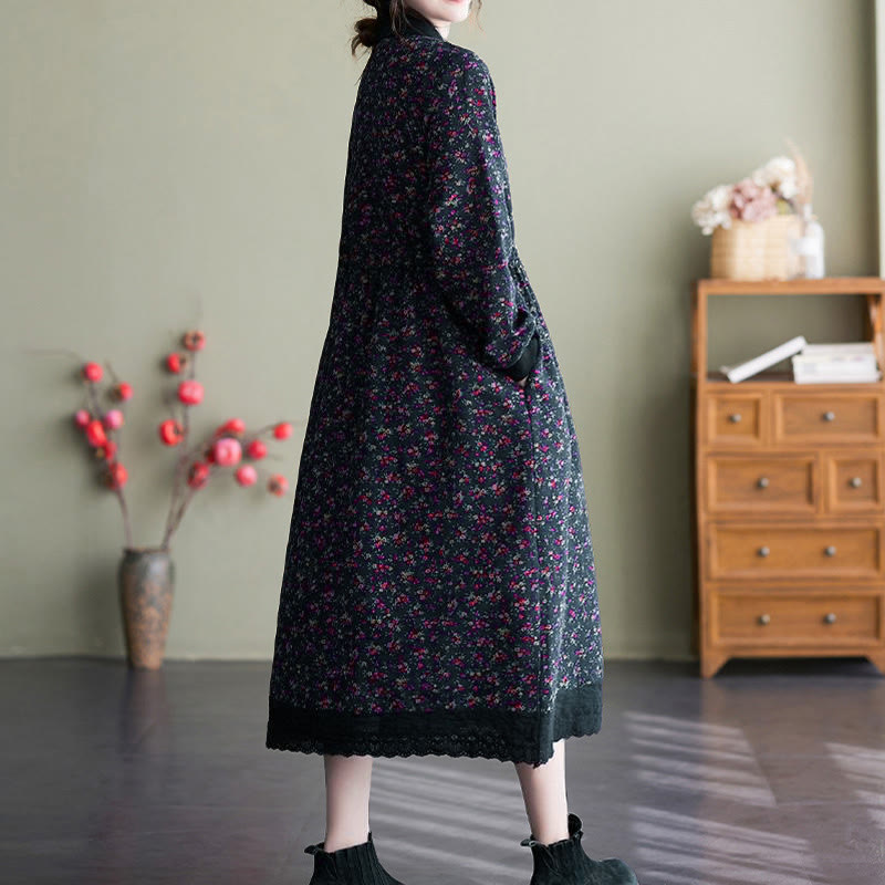 Nimara Ritual Ethnic Printed Drawstring Long Sleeve Cotton Midi Dress With Pockets