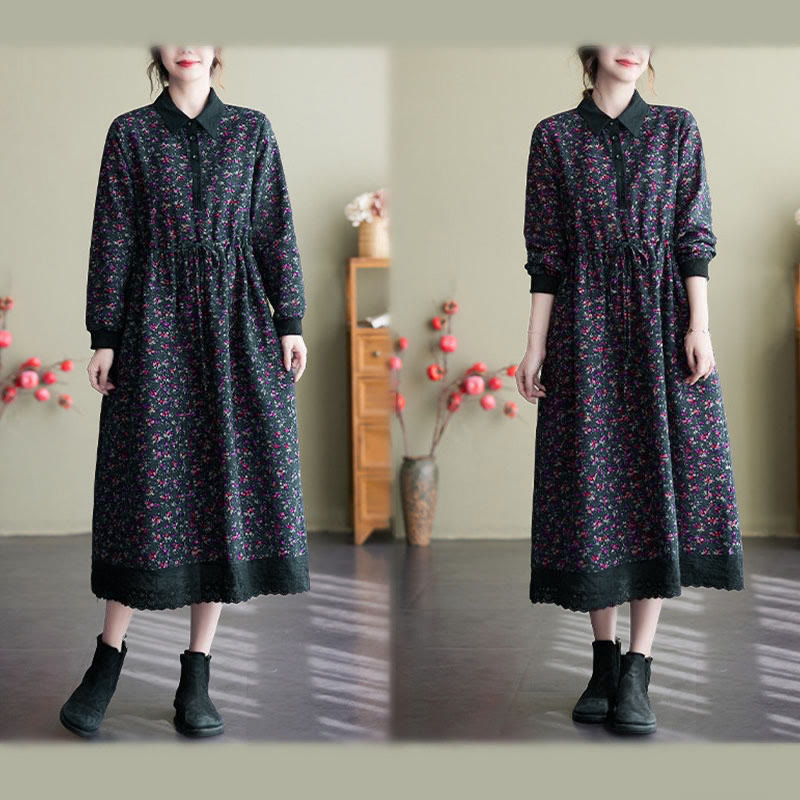 Nimara Ritual Ethnic Printed Drawstring Long Sleeve Cotton Midi Dress With Pockets