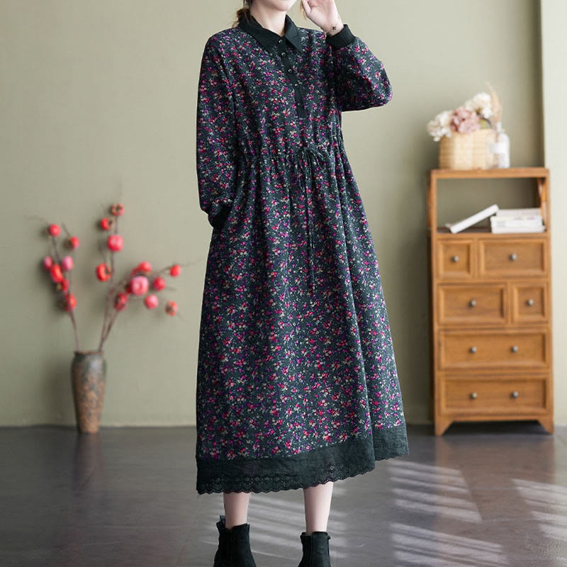 Nimara Ritual Ethnic Printed Drawstring Long Sleeve Cotton Midi Dress With Pockets