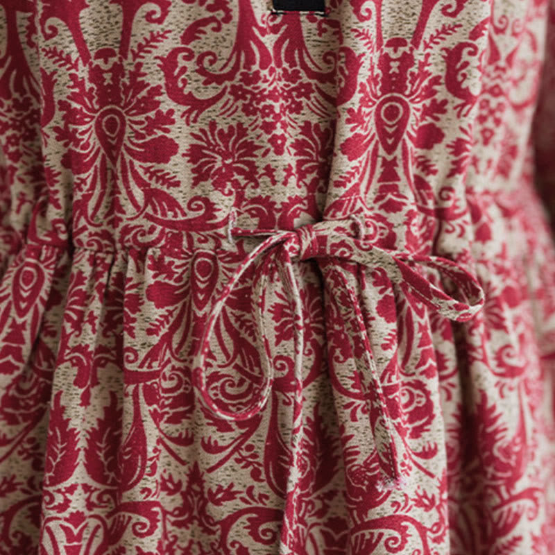 Nimara Ritual Ethnic Printed Drawstring Long Sleeve Cotton Midi Dress With Pockets