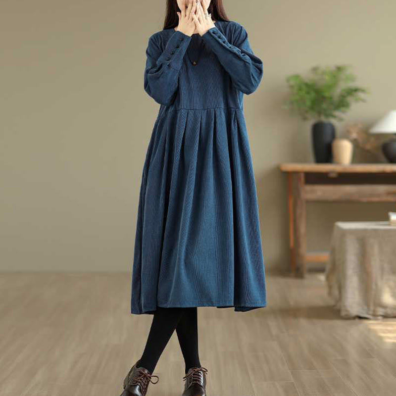 Nimara Ritual Fall Plain DarkBlue Long Sleeve Corduroy Midi Dress With Pockets