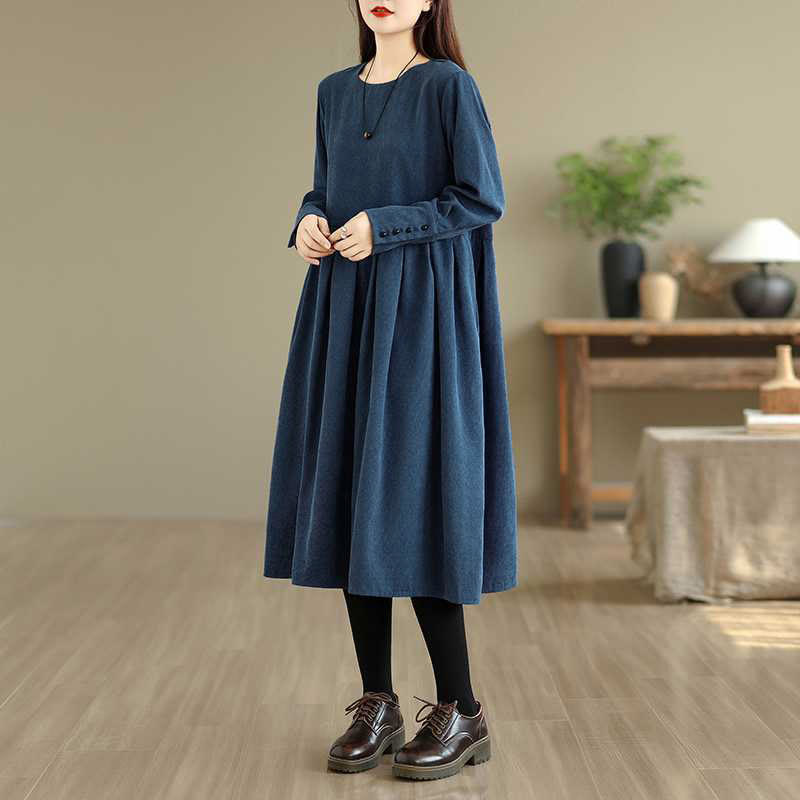 Nimara Ritual Fall Plain DarkBlue Long Sleeve Corduroy Midi Dress With Pockets