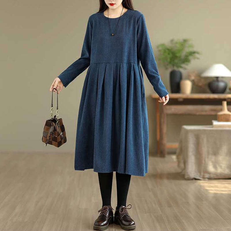 Nimara Ritual Fall Plain DarkBlue Long Sleeve Corduroy Midi Dress With Pockets
