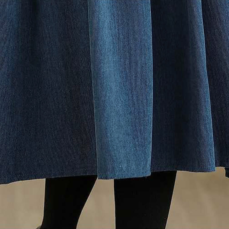Nimara Ritual Fall Plain DarkBlue Long Sleeve Corduroy Midi Dress With Pockets