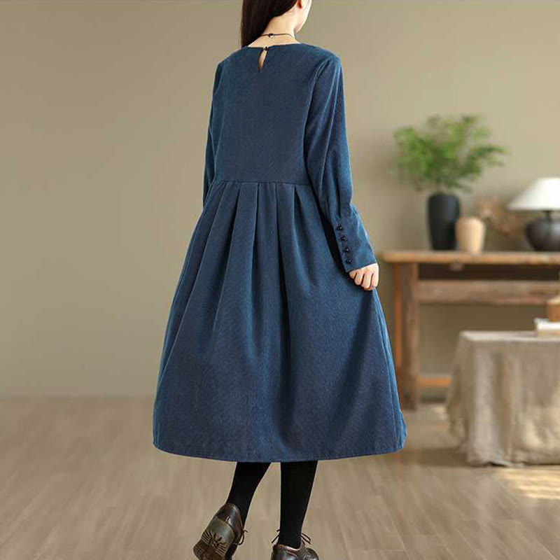 Nimara Ritual Fall Plain DarkBlue Long Sleeve Corduroy Midi Dress With Pockets