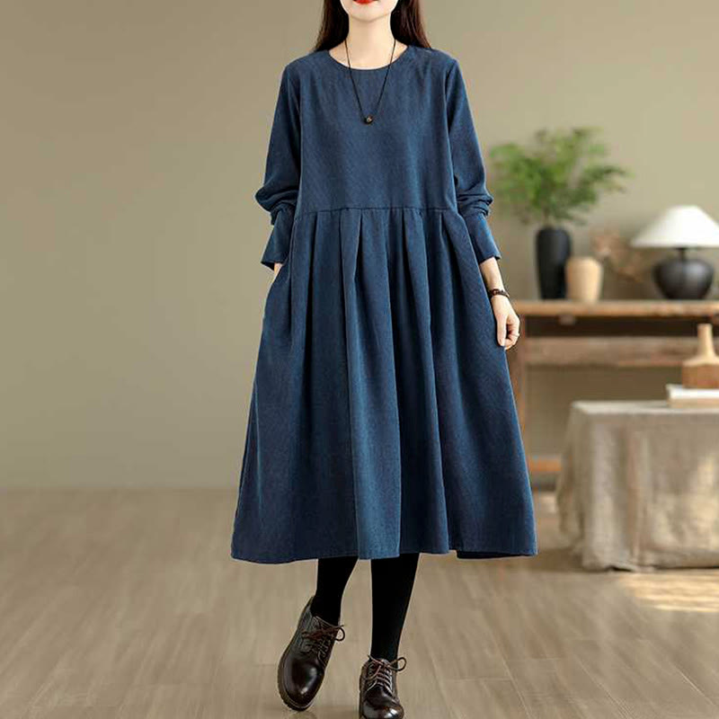 Nimara Ritual Fall Plain DarkBlue Long Sleeve Corduroy Midi Dress With Pockets