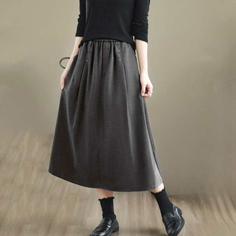 Nimara Ritual Women's Winter Pure Color Cotton 7-8 Length Elastic Waistband Skirt With Pockets