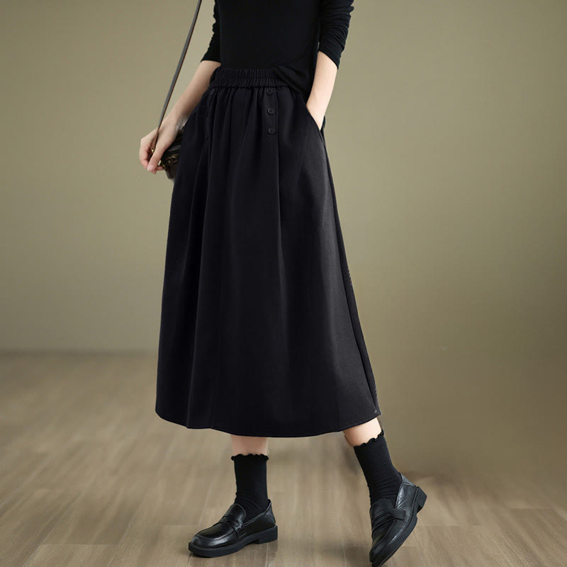 Nimara Ritual Women's Winter Pure Color Cotton 7-8 Length Elastic Waistband Skirt With Pockets