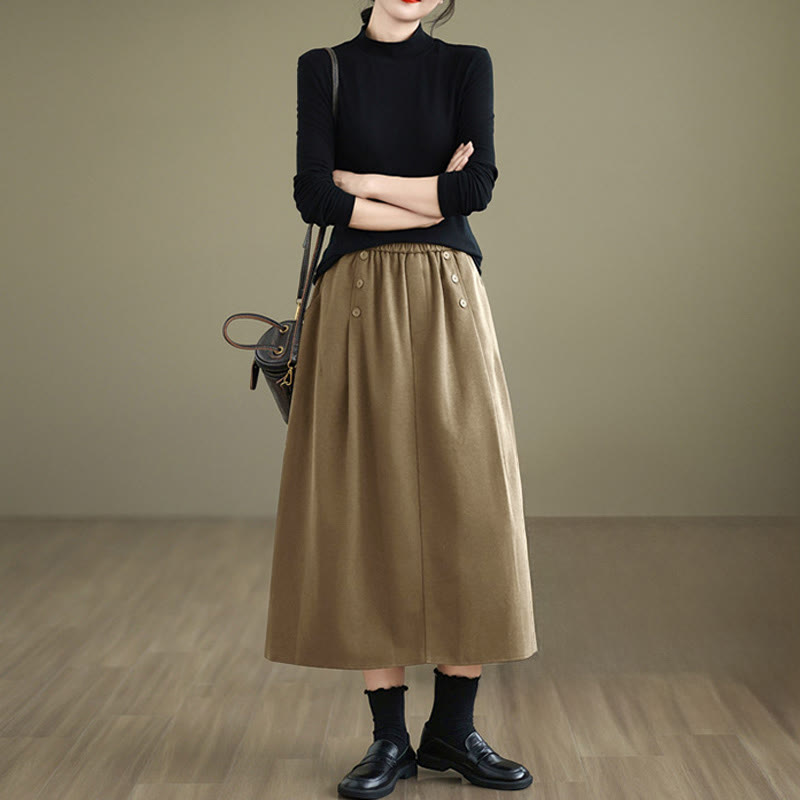 Nimara Ritual Women's Winter Pure Color Cotton 7-8 Length Elastic Waistband Skirt With Pockets