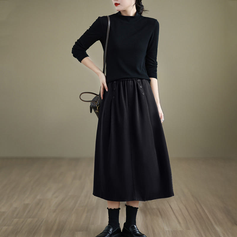 Nimara Ritual Women's Winter Pure Color Cotton 7-8 Length Elastic Waistband Skirt With Pockets
