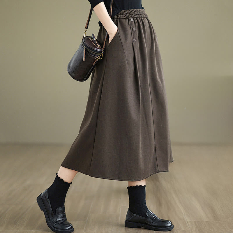 Nimara Ritual Women's Winter Pure Color Cotton 7-8 Length Elastic Waistband Skirt With Pockets