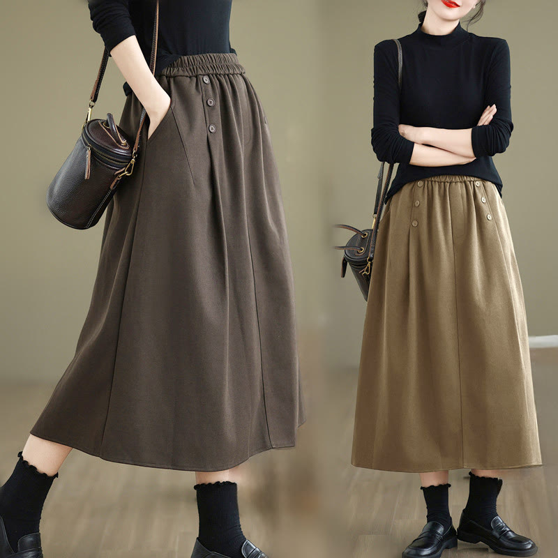 Nimara Ritual Women's Winter Pure Color Cotton 7-8 Length Elastic Waistband Skirt With Pockets