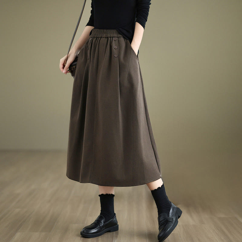 Nimara Ritual Women's Winter Pure Color Cotton 7-8 Length Elastic Waistband Skirt With Pockets