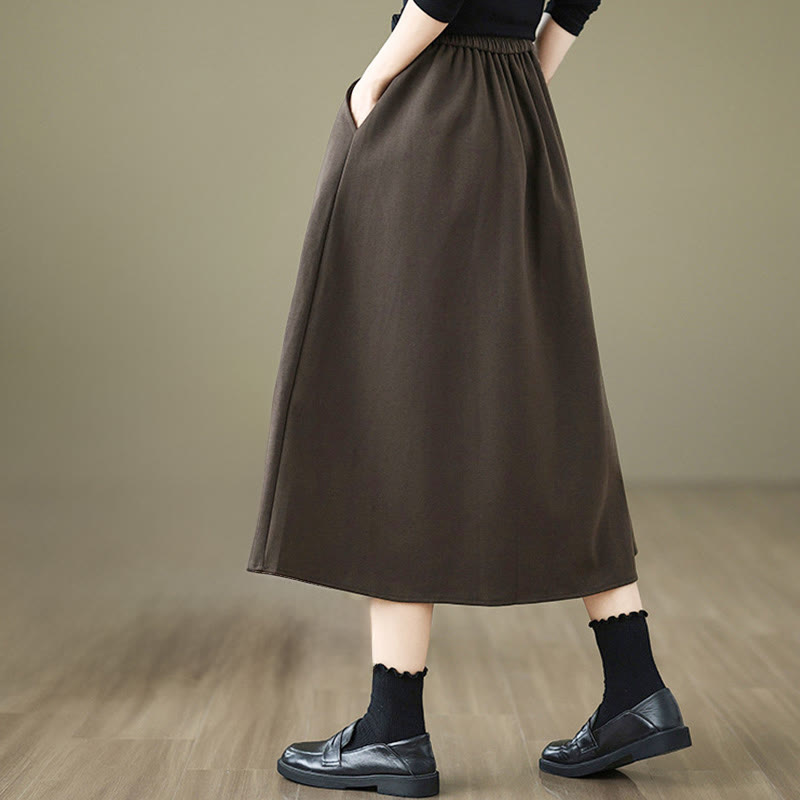 Nimara Ritual Women's Winter Pure Color Cotton 7-8 Length Elastic Waistband Skirt With Pockets