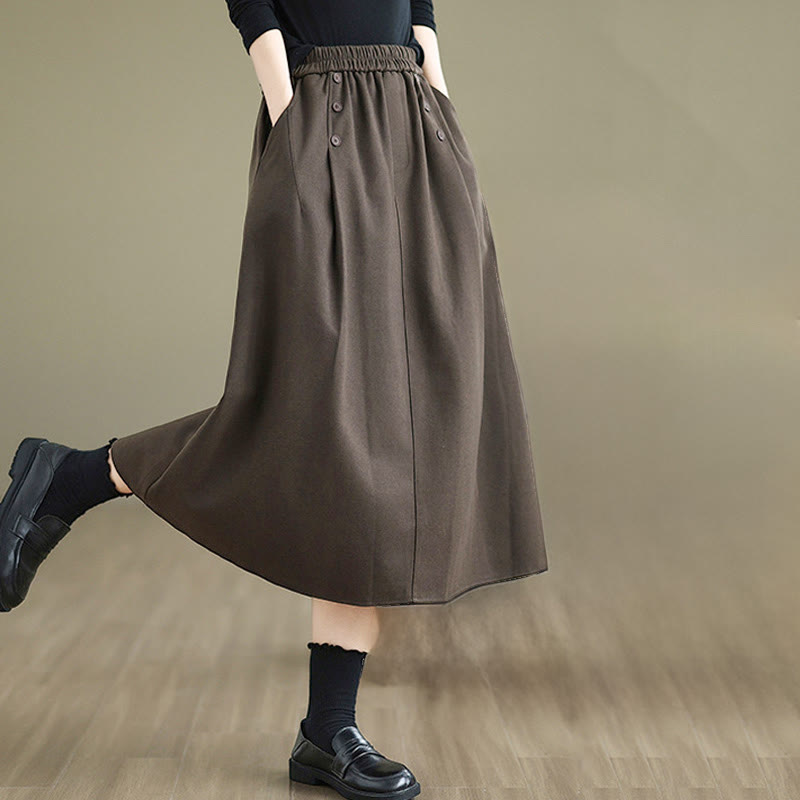 Nimara Ritual Women's Winter Pure Color Cotton 7-8 Length Elastic Waistband Skirt With Pockets