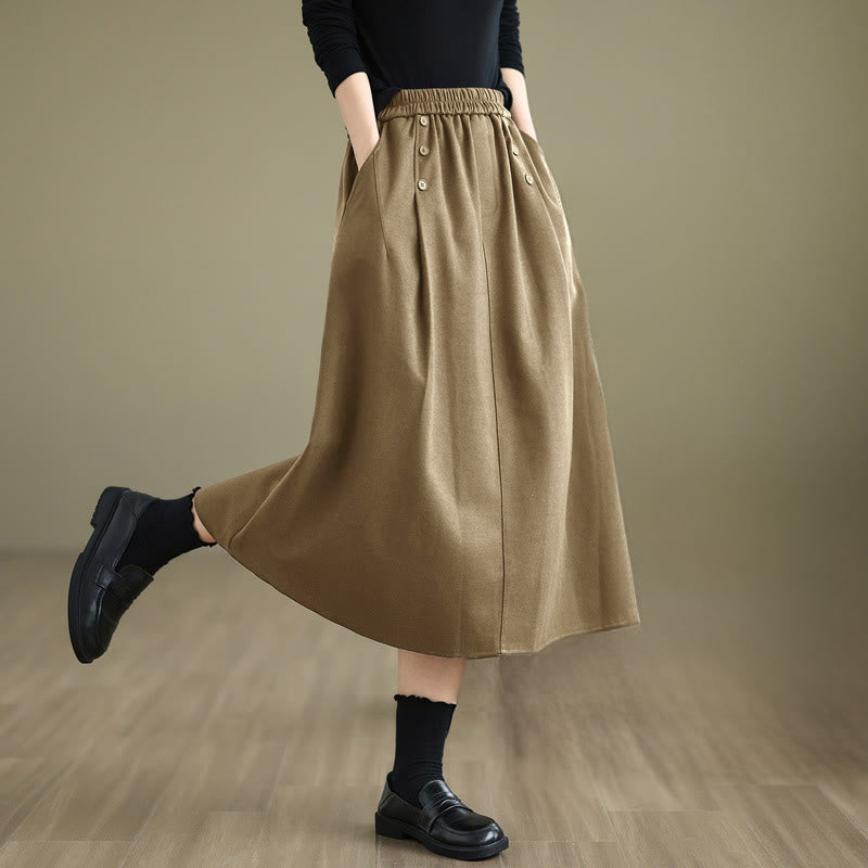 Nimara Ritual Women's Winter Pure Color Cotton 7-8 Length Elastic Waistband Skirt With Pockets