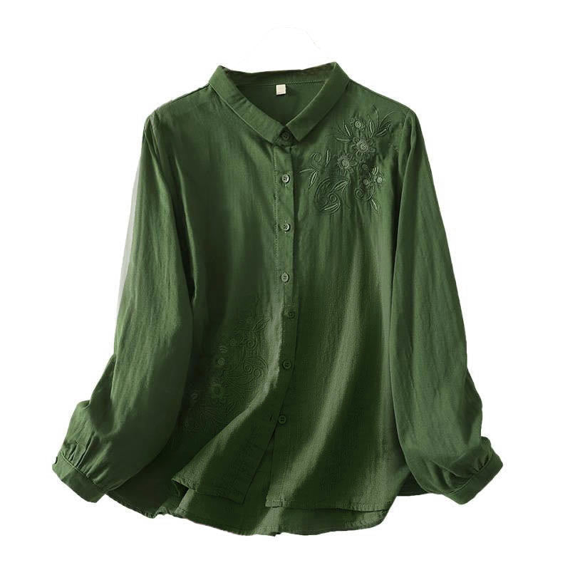 Nimara Ritual Embroidered Flower Vine Pattern Long Sleeve Women's Lapel Shirt