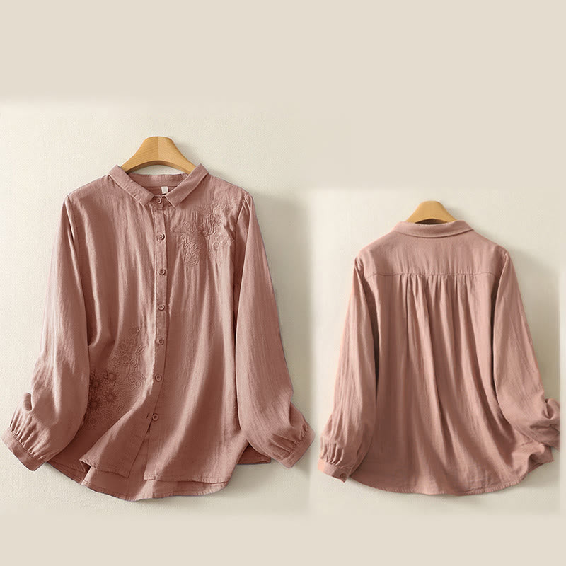Nimara Ritual Embroidered Flower Vine Pattern Long Sleeve Women's Lapel Shirt