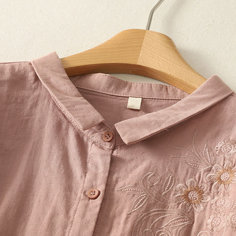 Nimara Ritual Embroidered Flower Vine Pattern Long Sleeve Women's Lapel Shirt